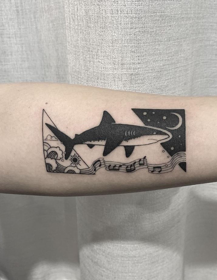Black tip reef shark on her scuba sleeve in progress    nofilter shark  sharktattoo blacktipreefshark reefshark babyshark  Instagram